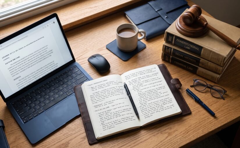 Law dissertation topics guide with law books, notes, and a gavel on a desk