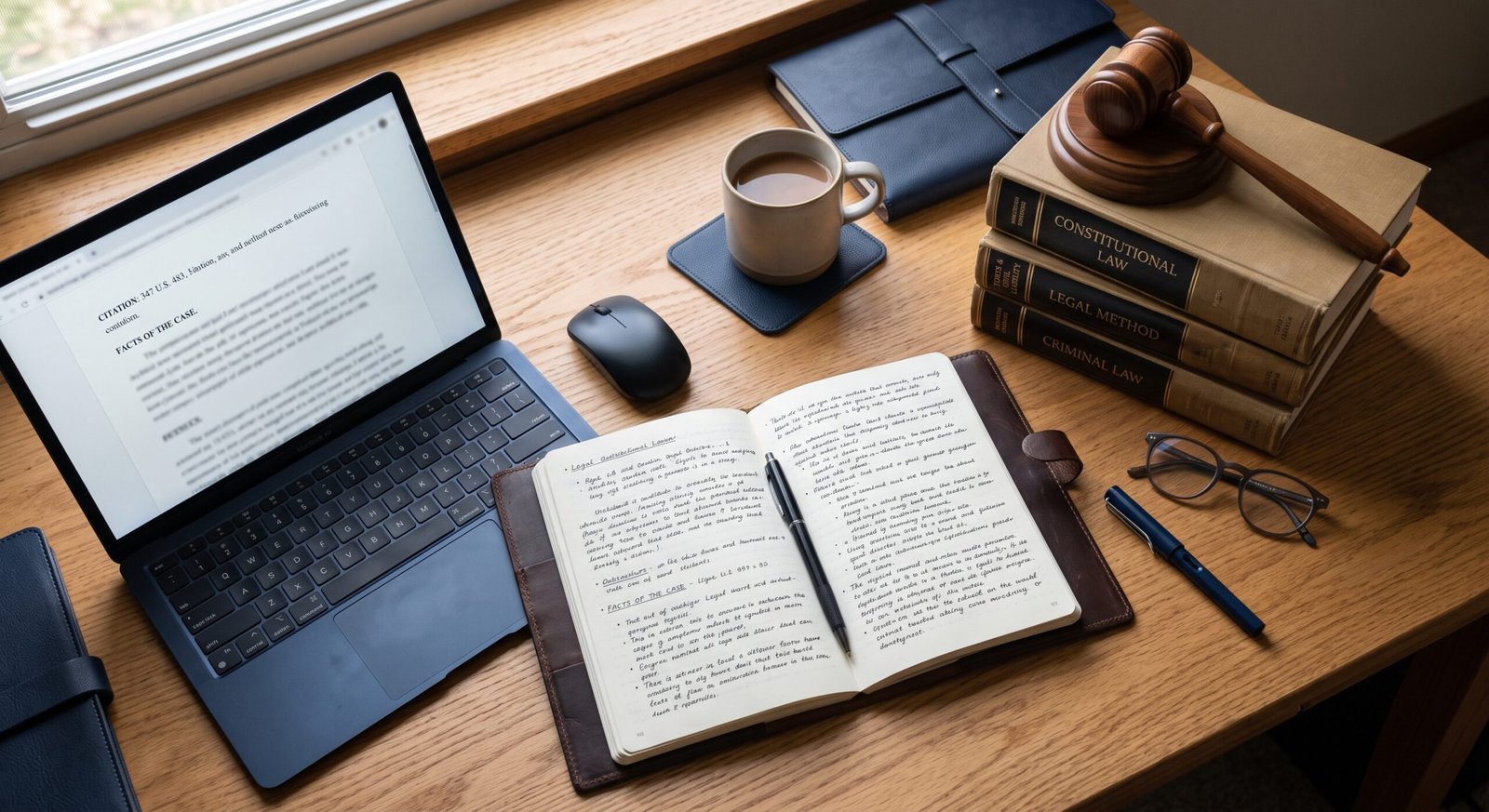 Law dissertation topics guide with law books, notes, and a gavel on a desk