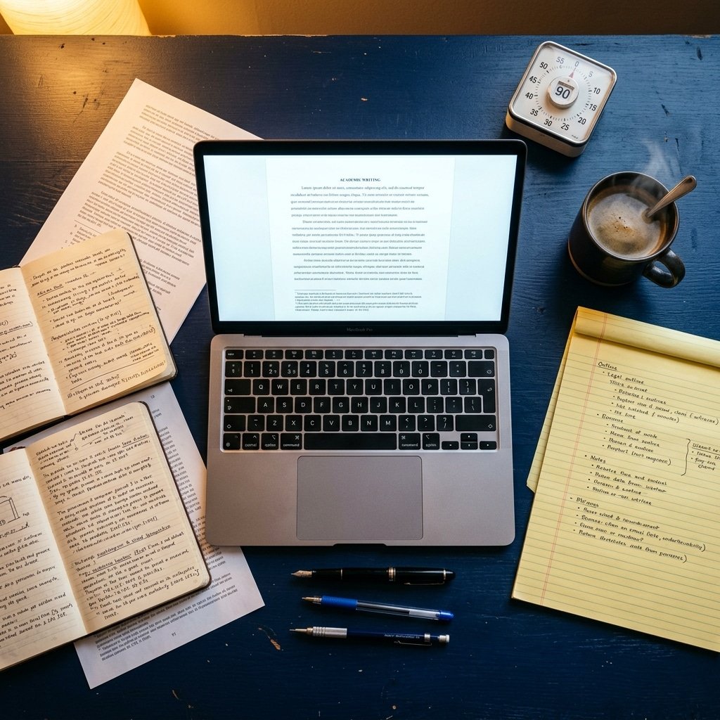 How to write 10,000 words in a weekend — laptop, outline notepad, timer and coffee on a navy academic desk