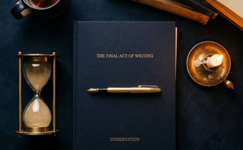 How to write a dissertation conclusion — closed dissertation with gold pen, brass hourglass and candle on a navy academic desk