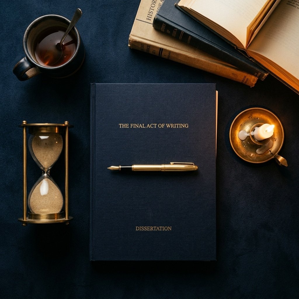 How to write a dissertation conclusion — closed dissertation with gold pen, brass hourglass and candle on a navy academic desk