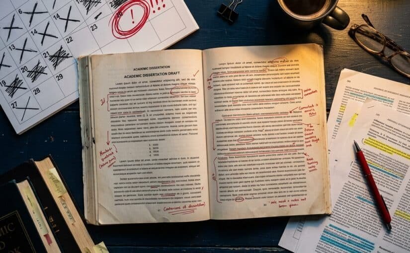 Dissertation deadline in 2 weeks — open dissertation with red correction marks, calendar and coffee cup on a navy academic desk