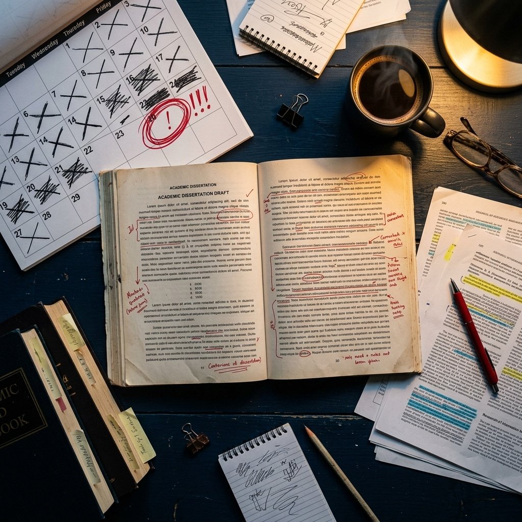 Dissertation deadline in 2 weeks — open dissertation with red correction marks, calendar and coffee cup on a navy academic desk