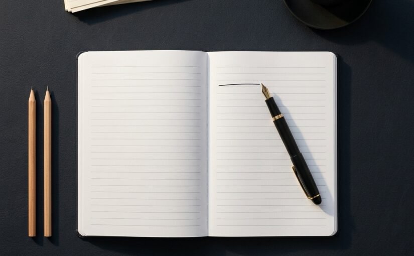 How to write a dissertation introduction — open notebook with fountain pen, index cards and espresso on a navy academic desk