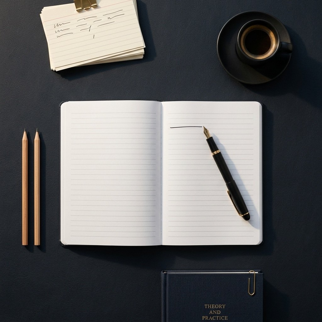 How to write a dissertation introduction — open notebook with fountain pen, index cards and espresso on a navy academic desk