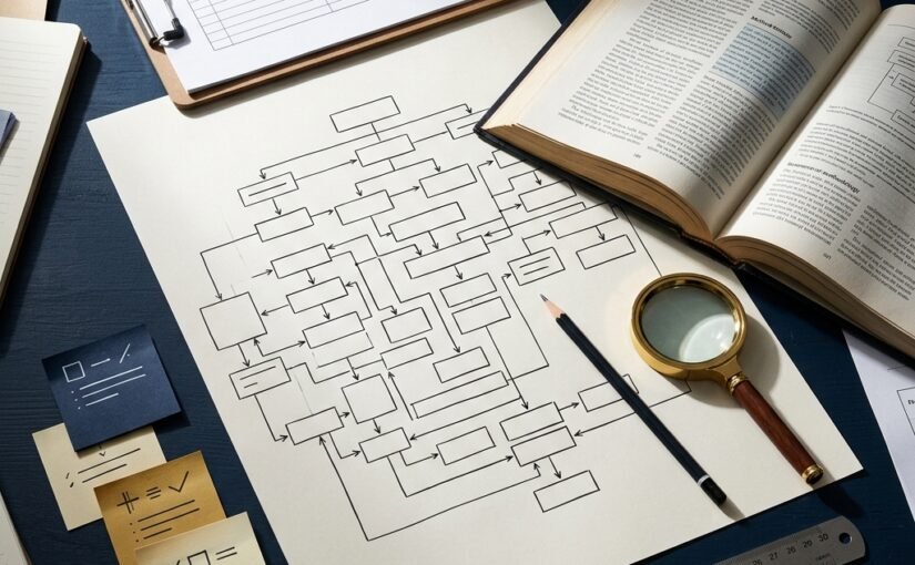 How to write a dissertation methodology — research design diagram, methodology textbook, clipboard and sticky notes on a navy academic desk
