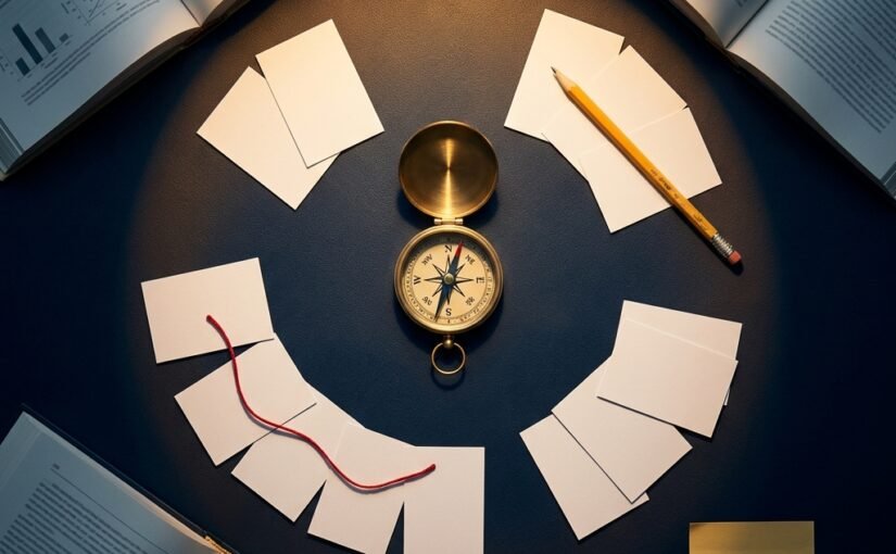 How to choose a dissertation topic — brass compass surrounded by paper cards in clusters on a moody navy academic desk