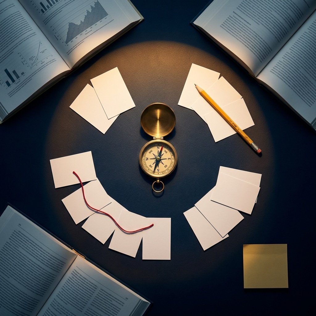 How to choose a dissertation topic — brass compass surrounded by paper cards in clusters on a moody navy academic desk