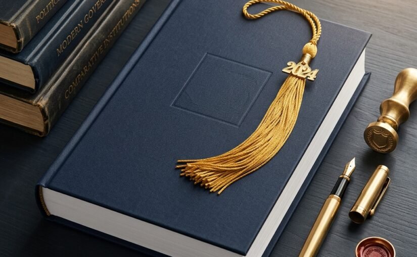 First class dissertation guide — bound dissertation with gold fountain pen, wax seal and graduation tassel on a navy academic desk