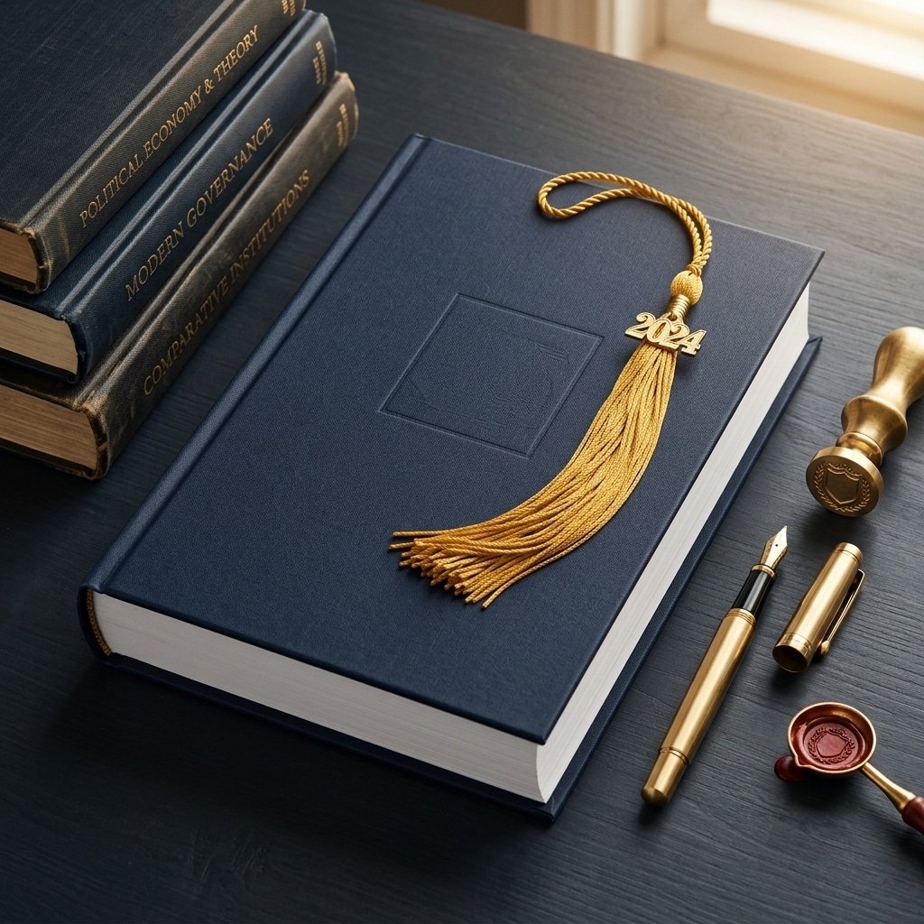 First class dissertation guide — bound dissertation with gold fountain pen, wax seal and graduation tassel on a navy academic desk