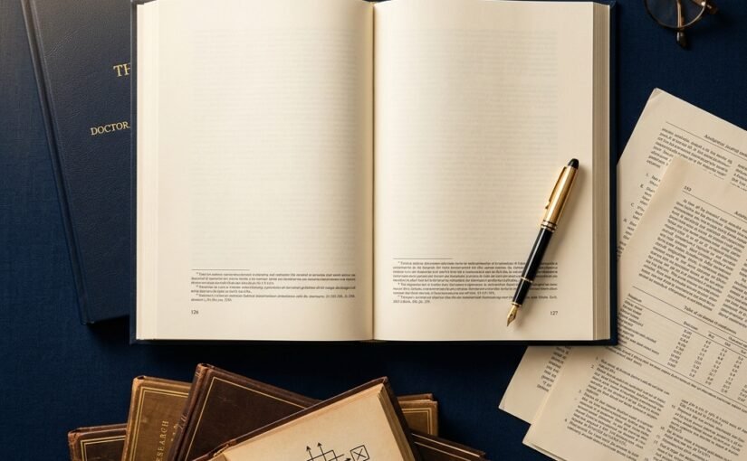 How to write a PhD dissertation — open doctoral thesis with academic journals, fountain pen and research books on a navy desk