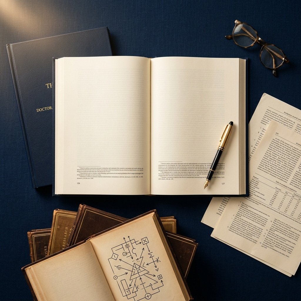 How to write a PhD dissertation — open doctoral thesis with academic journals, fountain pen and research books on a navy desk
