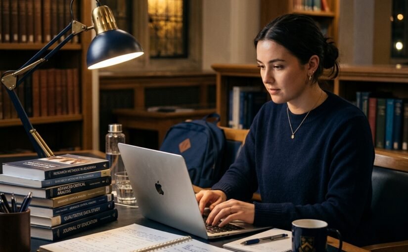 A postgraduate student getting dissertation help at a study desk with books and a laptop