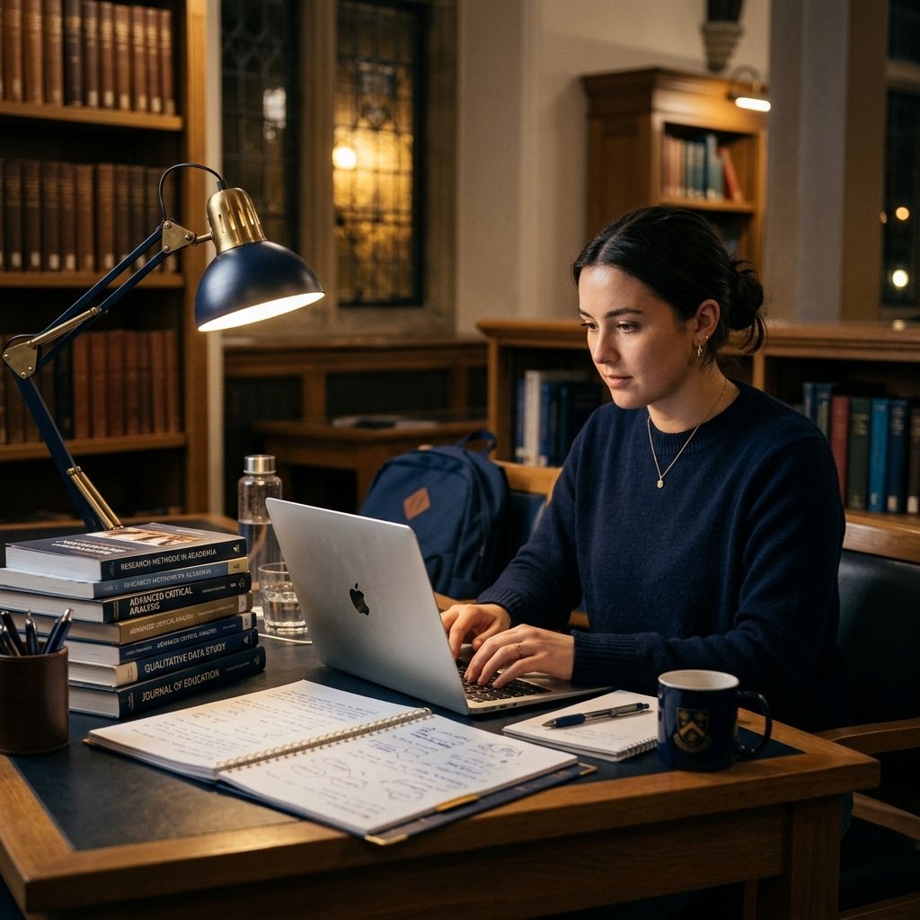 A postgraduate student getting dissertation help at a study desk with books and a laptop